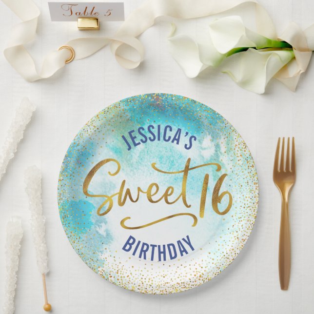 Sweet 16 Turquoise Watercolor Gold Girly Birthday Paper Plate (Wedding)