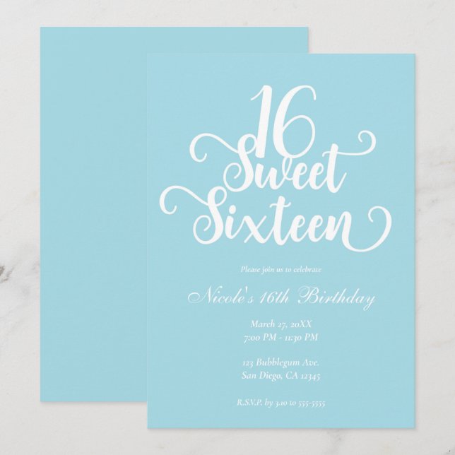 Sweet 16 Turquoise & White Chic Birthday Party  Invitation (Front/Back)
