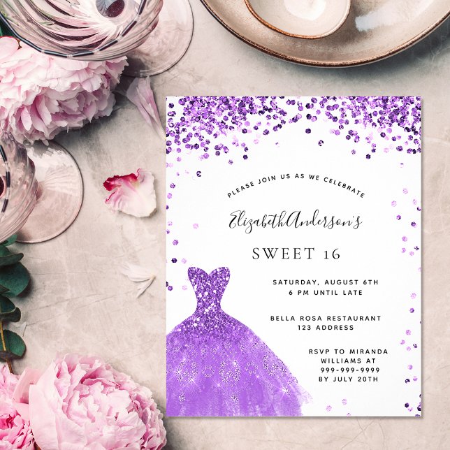 Sweet 16 violet dress glitter budget invitation (Creator Uploaded)