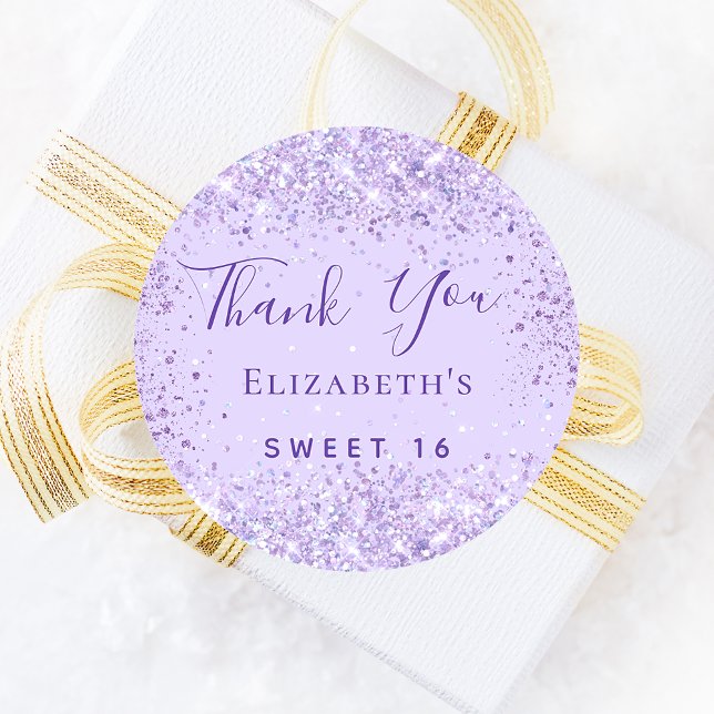 Sweet 16 violet glitter name thank you  classic round sticker (Creator Uploaded)