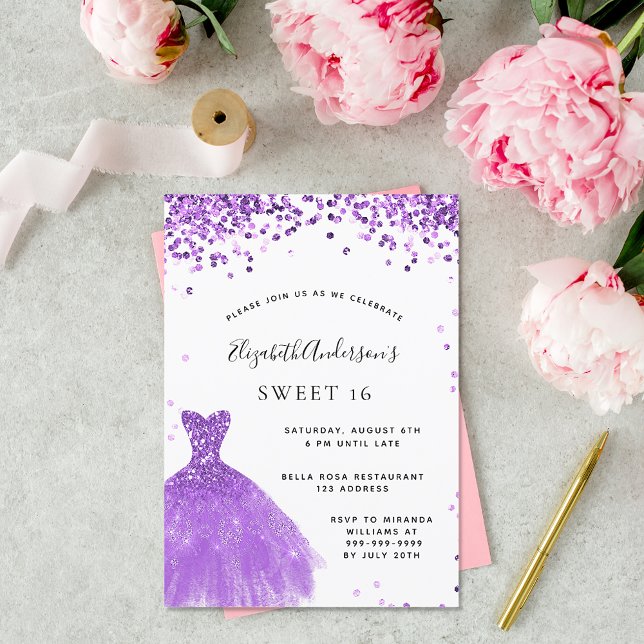 Sweet 16 violet white dress glitter  invitation (Creator Uploaded)
