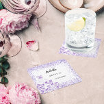 Sweet 16 violet white dress square paper coaster<br><div class="desc">A white background.  A white background decorated with violet sparkles,  confetti and a white and violet dress.  Personalize and add a name and date.</div>