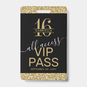Sweet 16 VIP Access Pass Black and Gold Invitation Badge