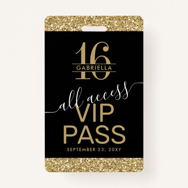 Sweet 16 VIP Access Pass Black and Gold Invitation Badge (Front)