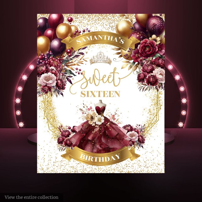 Sweet 16 Watercolor Backdrop Burgundy Flowers Gold Tapestry (Sweet 16 Watercolor Backdrop Burgundy Flowers Gold)