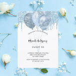 Sweet 16 white blue balloons budget invitation<br><div class="desc">A white background. Decorated with light blue faux glitter drips,  paint dripping look and balloons.  Personalize and a name and party details. 

1 sheet = 1 invitation printed edge to edge.</div>