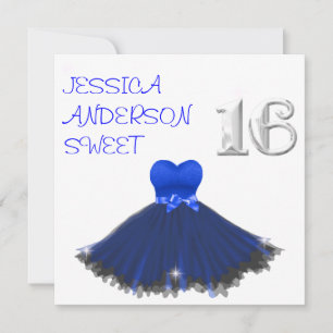 SWEET 16  White Blue Black Dress Sparkles Invitation