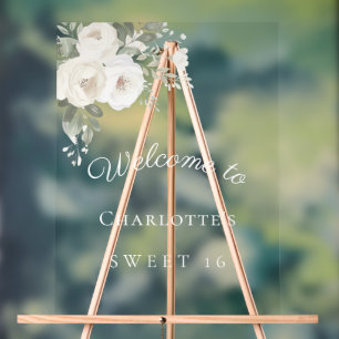 Sweet 16 white florals clear party welcome acrylic sign