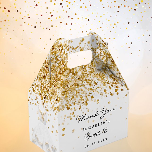 Sweet 16 white gold glitter dress thank you favor box (Creator Uploaded)