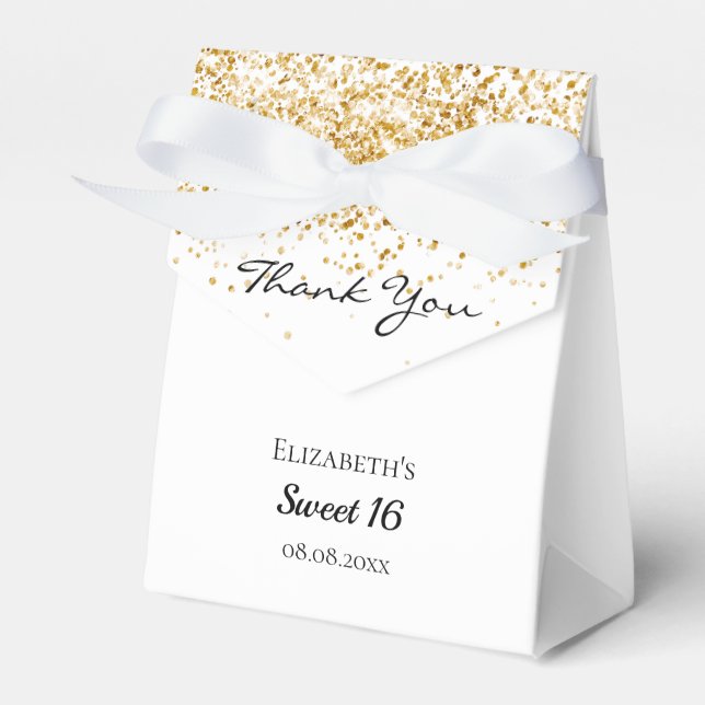 Sweet 16 white gold glitter thank you favor box (Front Side)