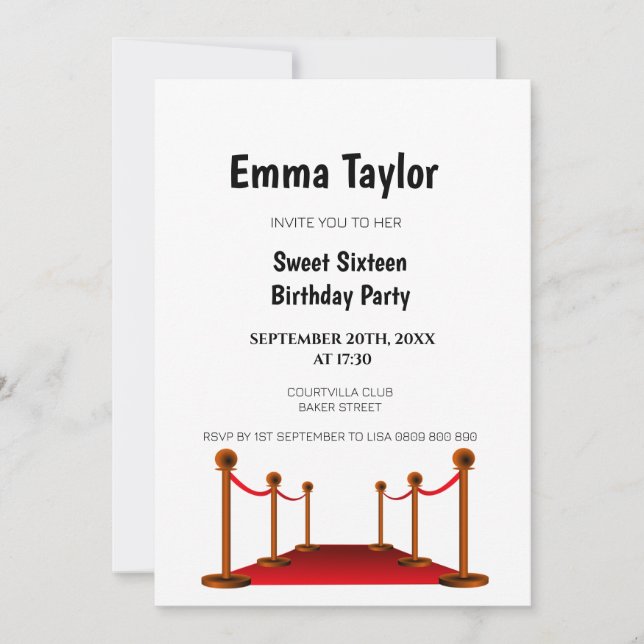 Sweet 16 White Red Carpet Hollywood Birthday   Invitation (Front)