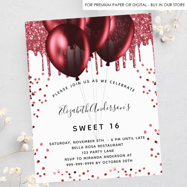 Sweet 16 white red glitter budget invitation flyer (Creator Uploaded)
