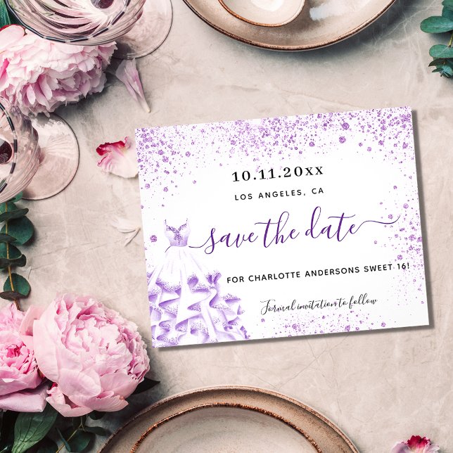 Sweet 16 white violet dress budget save the date flyer (Creator Uploaded)