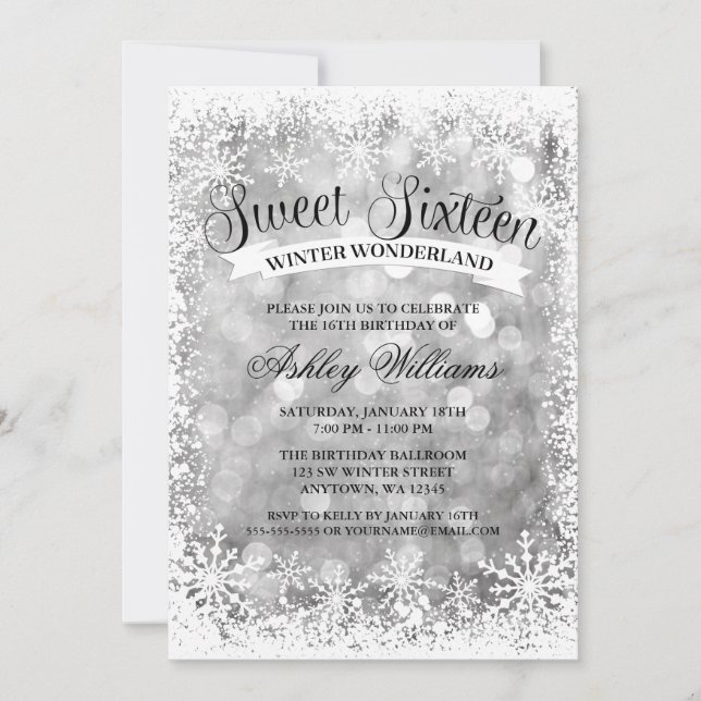 Sweet 16 Winter Wonderland Silver Glitter Lights Invitation (Front)