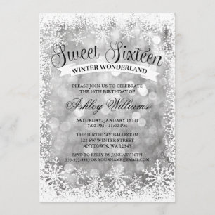 Sweet 16 Winter Wonderland Silver Glitter Lights Invitation