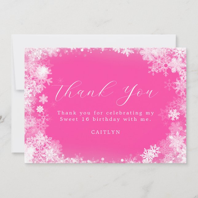 Sweet 16 Winter Wonderland Snowflake Pink Thank You Card (Front)