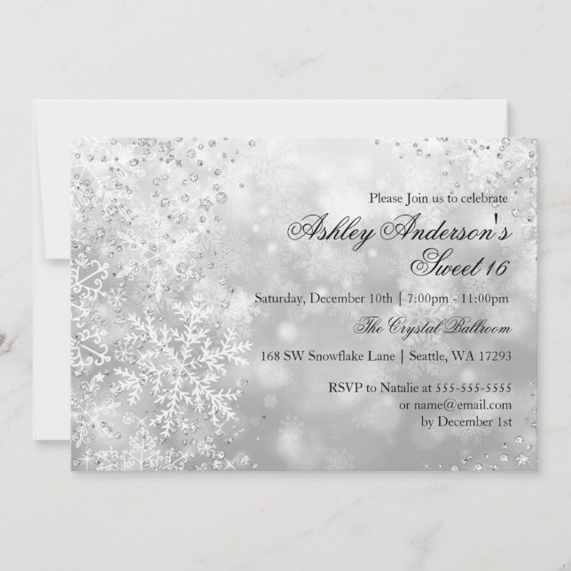 Sweet 16 Winter Wonderland Sparkle Snowflakes Invitation (Front)