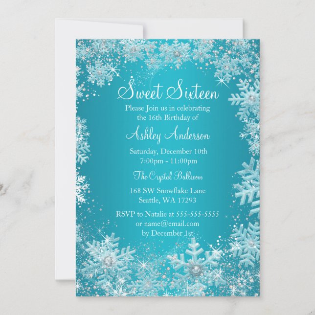 Sweet 16 Winter Wonderland Sparkle Snowflakes Invitation (Front)