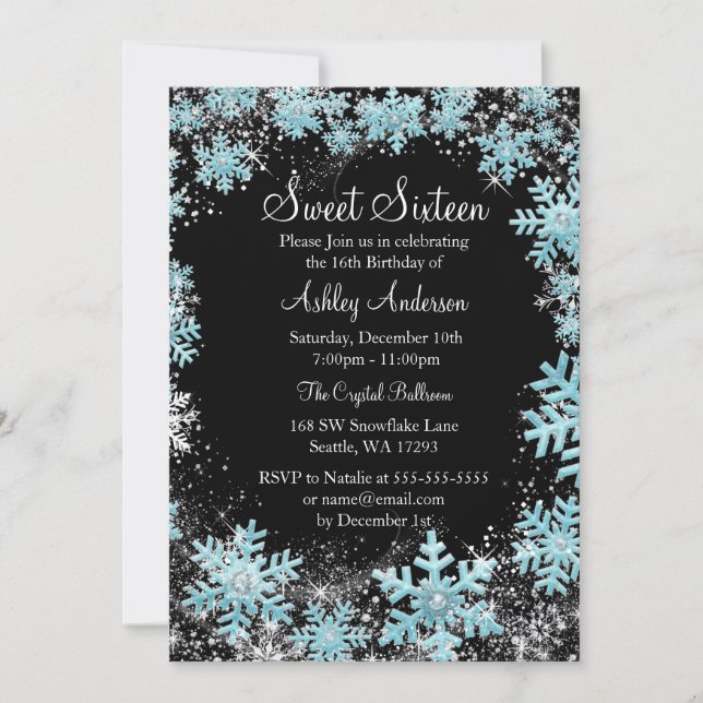 Sweet 16 Winter Wonderland Sparkle Snowflakes Invitation (Front)