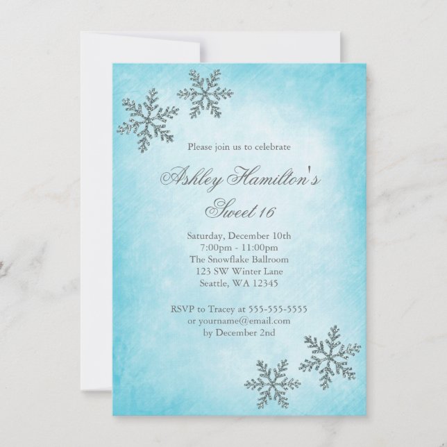 Sweet 16 Winter Wonderland Sparkle Snowflakes Invitation (Front)