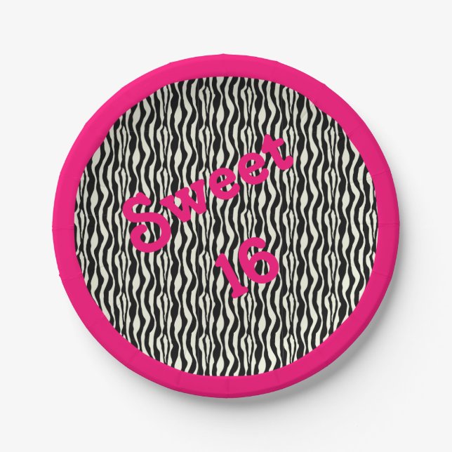 Sweet 16 Zebra Print w/ Pink Border Paper Plate (Front)