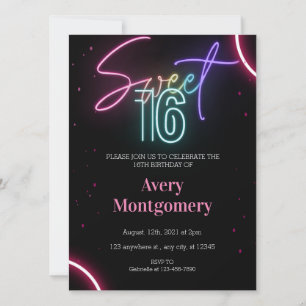 Sweet 16e Neon brillant Invitation d'anniversaire