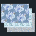 Sweet 16th Birthday Blue Flower  Wrapping Paper Sheet<br><div class="desc">Girly glitter with fancy script name typography. Faux light blue 16 balloon text. Blue Roses and faux glitter top border. Great for sweet 16 celebrations.</div>