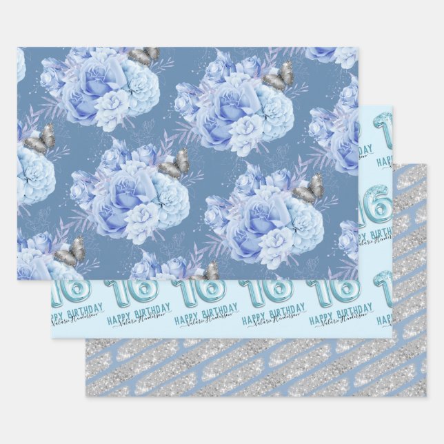 Sweet 16th Birthday Blue Flower  Wrapping Paper Sheet (Set)