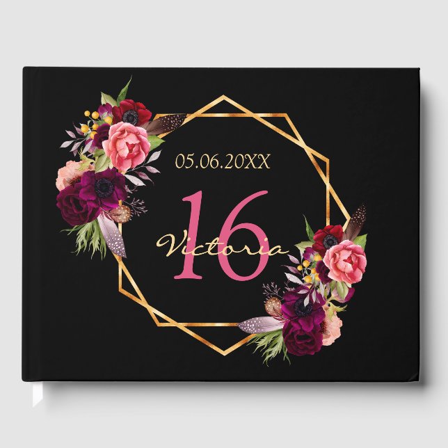 Sweet 16th birthday burgundy floral geometric guest book (Front)