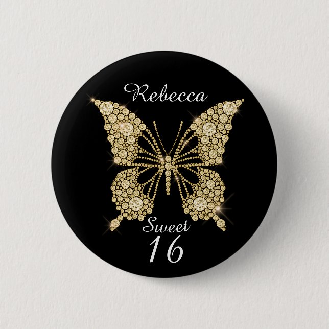 Sweet 16th Birthday Butterfly Personalized 2 Inch Round Button (Front)