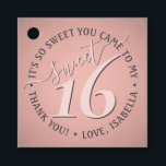 Sweet 16th Birthday Chic Cute Thank You Pink Party Favour Tags<br><div class="desc">Add a chic and pretty finishing touch to sweet 16 party decorations with custom thank you square favour tags. Design features a girly blush pink and dark grey modern font on a trendy rose gold faux foil background. Text in a circle is simple to customize. These elegant tags make a...</div>