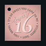 Sweet 16th Birthday Chic Cute Thank You Pink Party Favour Tags<br><div class="desc">Add a chic and pretty finishing touch to sweet 16 party decorations with custom thank you square favour tags. Design features a girly blush pink and dark grey modern font on a trendy rose gold faux foil background. Text in a circle is simple to customize. These elegant tags make a...</div>