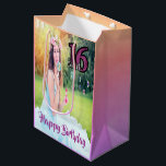 Sweet 16th birthday custom photo gift bag purple<br><div class="desc">A giftbag for a sixteen old girl,  with the text "Sweet 16"  and the text Happy Birthday in purple. "Sweet 16" in faux glitter. An ultra violet,  pink and peach coloured pastel backdrop. Template for your photo of the birthday girl.</div>