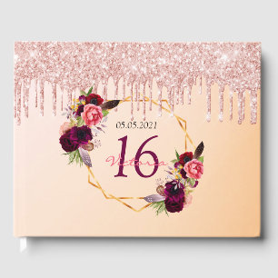 Sweet 16th birthday florals geometric glitter rose guest book