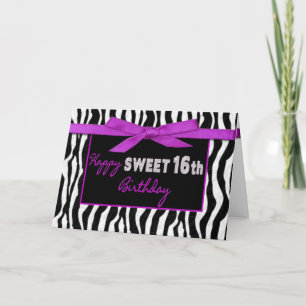 SWEET 16TH BIRTHDAY GREETING - ZEBRA - FUSCHIA BOW CARD