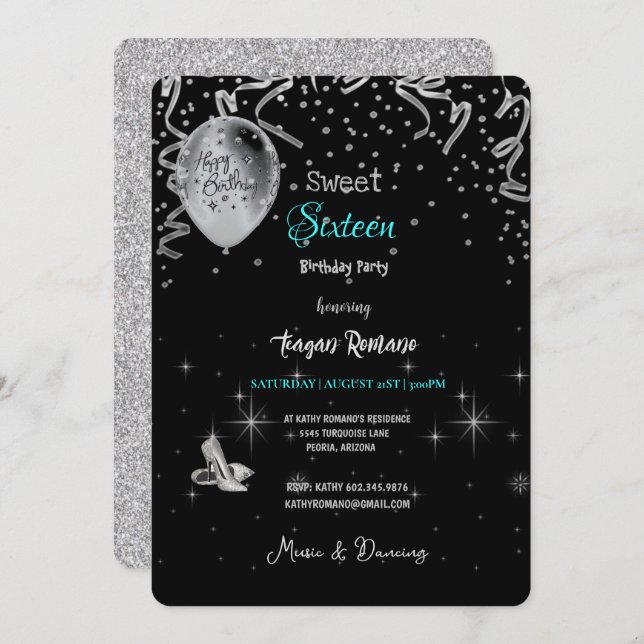 Sweet 16th Birthday Party Black & Turquoise Theme  Invitation (Front/Back)