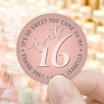 Sweet 16th Birthday Party Thank You Chic Cute Pink Classic Round Sticker<br><div class="desc">Add a chic and modern finishing touch to envelopes and favours with custom sweet 16th birthday party round stickers. Design features a girly blush pink and dark grey handwritten style script typography on a trendy rose gold faux foil background. Text in a circle is simple to customize. These elegant labels...</div>