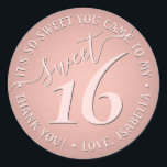 Sweet 16th Birthday Party Thank You Chic Cute Pink Classic Round Sticker<br><div class="desc">Add a chic and modern finishing touch to envelopes and favours with custom sweet 16th birthday party round stickers. Design features a girly blush pink and dark grey handwritten style script typography on a trendy rose gold faux foil background. Text in a circle is simple to customize. These elegant labels...</div>