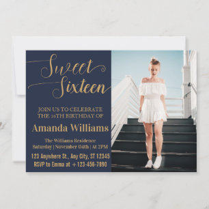 Sweet 16th Birthday Photo Blue And Gold Luxury Invitation