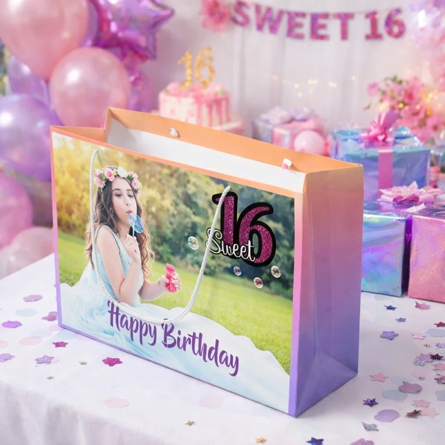Sweet 16th birthday photo purple large gift bag (Creator Uploaded)