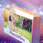 Sweet 16th birthday photo purple large gift bag<br><div class="desc">A giftbag for a sixteen old girl,  with the text "Sweet 16"  and the text Happy Birthday in purple. "Sweet 16" in faux glitter. An ultra violet,  pink and peach coloured pastel backdrop. Template for your photo of the birthday girl.</div>