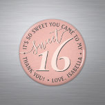 Sweet 16th Birthday Pink Thank You Party Favour Magnet<br><div class="desc">Add a personalized and pretty finishing touch to sweet 16 party decorations with custom thank you round refrigerator magnets. Design features a girly blush pink and dark grey modern font on a trendy rose gold faux foil background. Text in a circle is simple to customize. These elegant favours make a...</div>