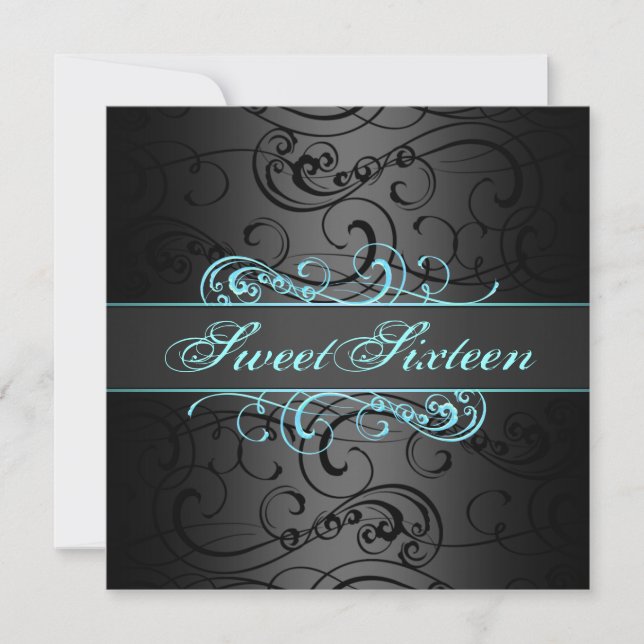 Sweet 16th Blue & Black Swirl Birthday Invitation (Front)