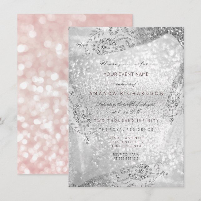 Sweet 16th Bridal Dress Pink Grey Diamond Spark Invitation (Front/Back)
