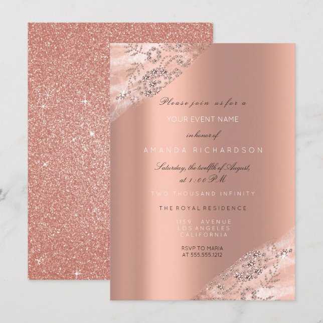 Sweet 16th Bridal Dress Rose Peach Glitter Sparkly Invitation (Front/Back)