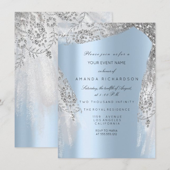 Sweet 16th Bridal Shower Silver Grey Blue Dress Invitation (Front/Back)