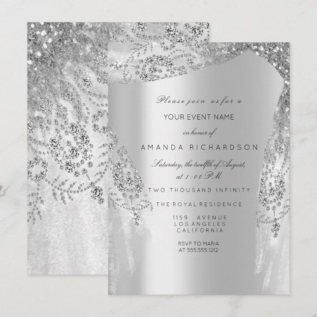 Sweet 16th Bridal Shower Silver Royal Grey Dress Invitation (Front/Back)