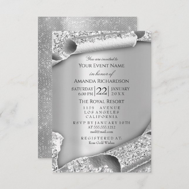 Sweet 16th Bridal Wedding 3D Rose Silver Invitation (Front/Back)