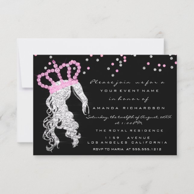 Sweet 16th Crown Princess Confetti Black Pink Grey Invitation (Front)