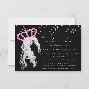 Sweet 16th Crown Princess Confetti Black Pink Grey Invitation